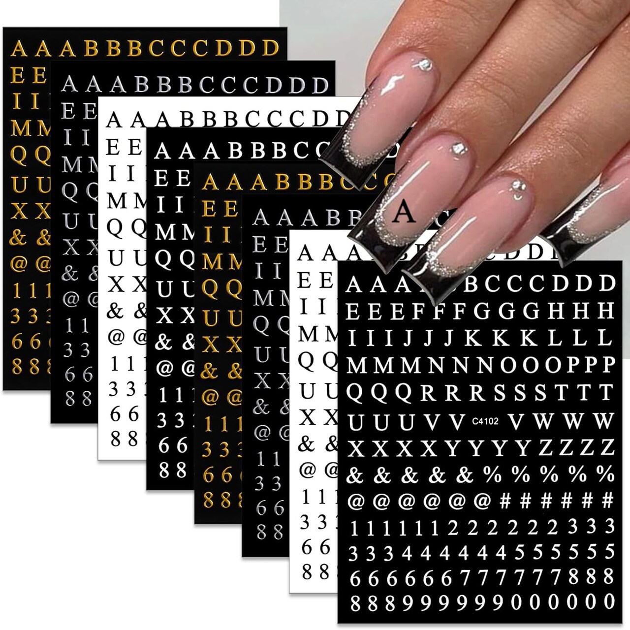 Letters Nail Art Stickers Number Nail Decals 3D Self-Adhesive Luxury Gold Silver (Black)